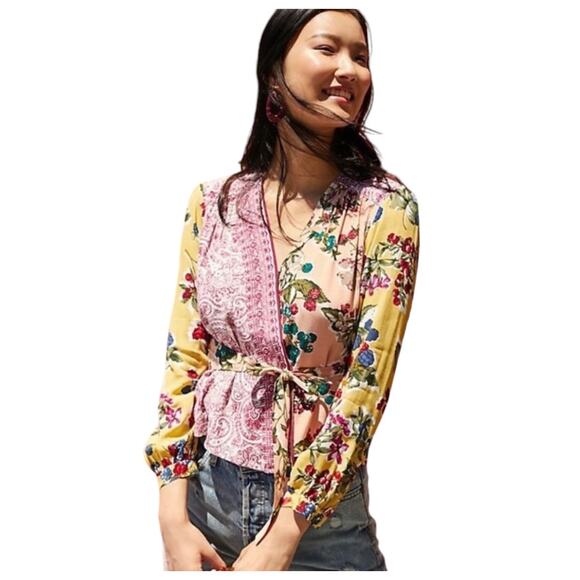 Anthropologie Meadow Rue‎ Floral Patchwork Wrap Blouse Size 2 Paisley V Neck - Picture 1 of 12